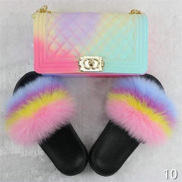 Rainbow Mixed Fur Slides & Bag Set