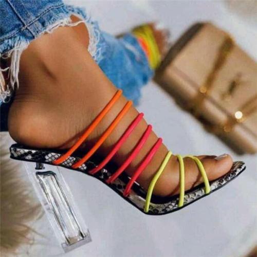 Women Multicolor Straps Block Heels Slippers Shoes