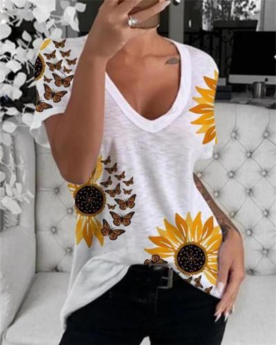 Paneled V-neck Sunflower Butterfly Casual T-shirt