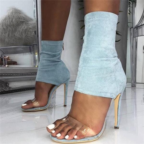 New PVC Open Toe Elastic Sandals Sexy Thin Heels Transparent Ankle Heels