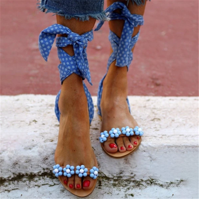 Flat With Open Toe Lace-Up Ankle Strap Cross Strap Casual Sandals
