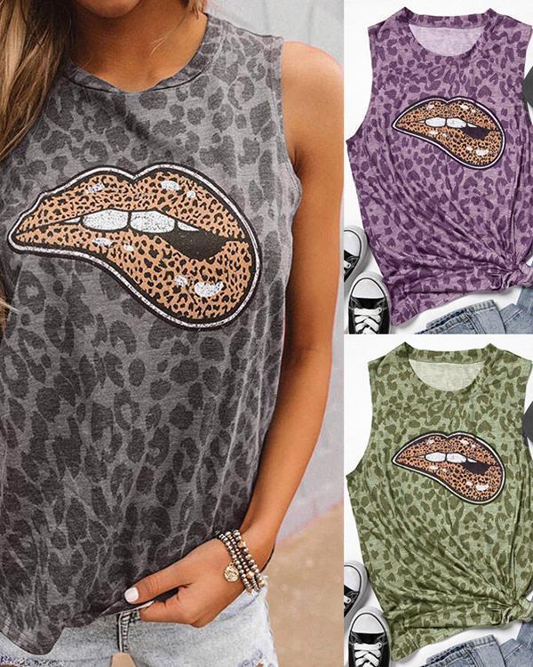 Leopard Lip Printed Sleeveless T-shirts
