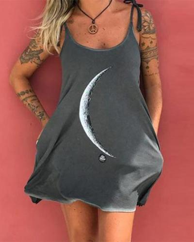 Crescent Print Sling Tie Pockets Holiday Mini Dress