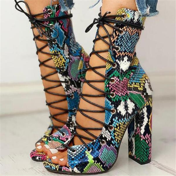 Lace Up Multicolor Snake Skin High Heel Sandals Boots