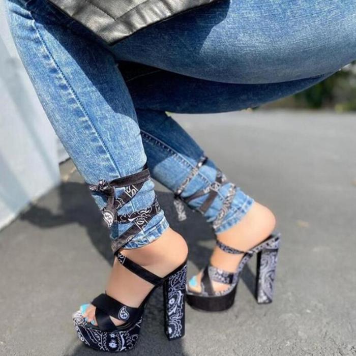 Lace-Up Peep Toe Chunky Heel Ankle Strap Platform Sandals