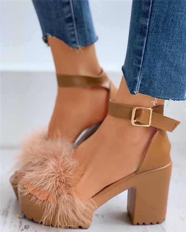 Open Toe Chunky Heel Line-Style Buckle Ankle Strap Platform Sandals