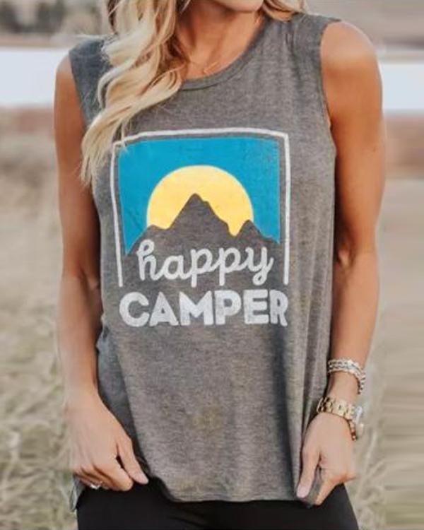 Happy Camper Letter Print O-Neck Tank Shirt