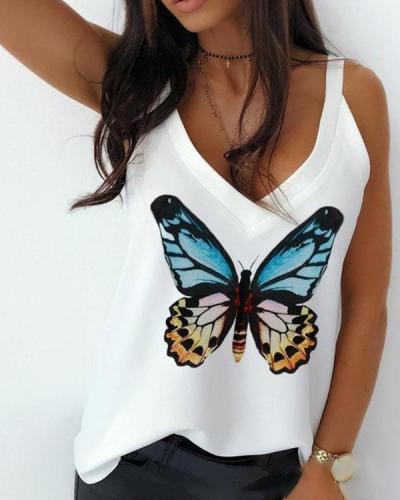 Lip Butterfly Print V-neck Tank Top
