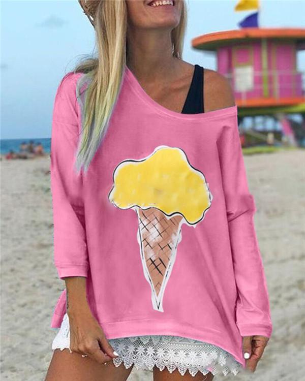 Ice Cream Printed Cartoon Loose New Casual Lady Daily Shift Tops