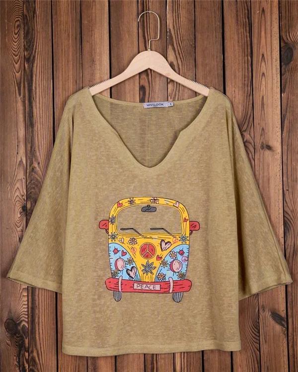Women Daily Causal Plus Size Shift Car Printed V Neck Long Sleeve Cotton-Blend Tops