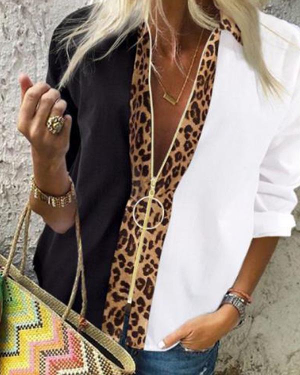 Women's Patchwork Leopard Print Long Sleeve Shirt