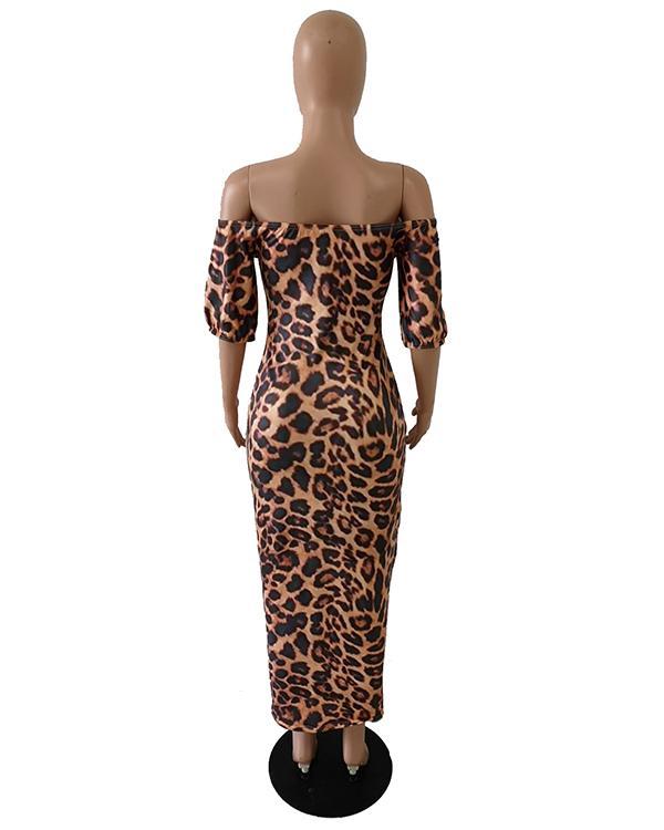 Off Shoulder Leopard Print Midi Dress