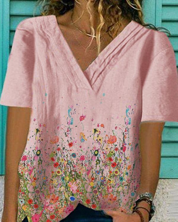 Floral-Print Cotton-Blend Casual V Neck Shirts & Tops