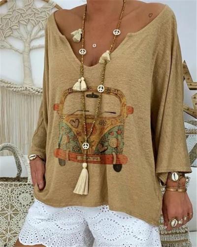 Women Daily Causal Plus Size Shift Car Printed V Neck Long Sleeve Cotton-Blend Tops