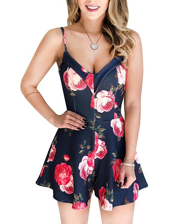 Floral V-Neck Spaghetti Strap Romper without Necklace