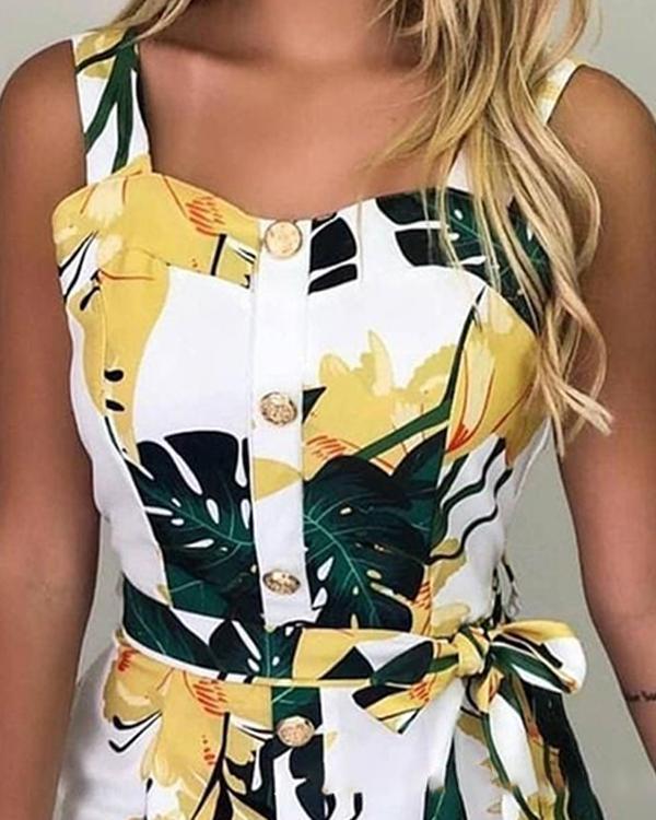 Button Knotted Detail Leaf Print Romper