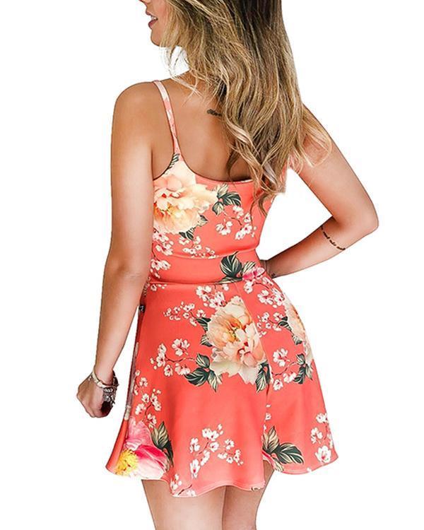 Floral V-Neck Spaghetti Strap Romper without Necklace