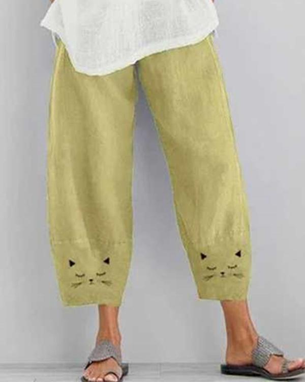 Cotton And Linen Cat Print Cropped Pants
