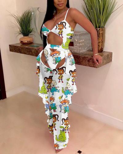 Print Cutout One-Piece Swimsuit & Ruffle Mesh Sheer Pants Set
