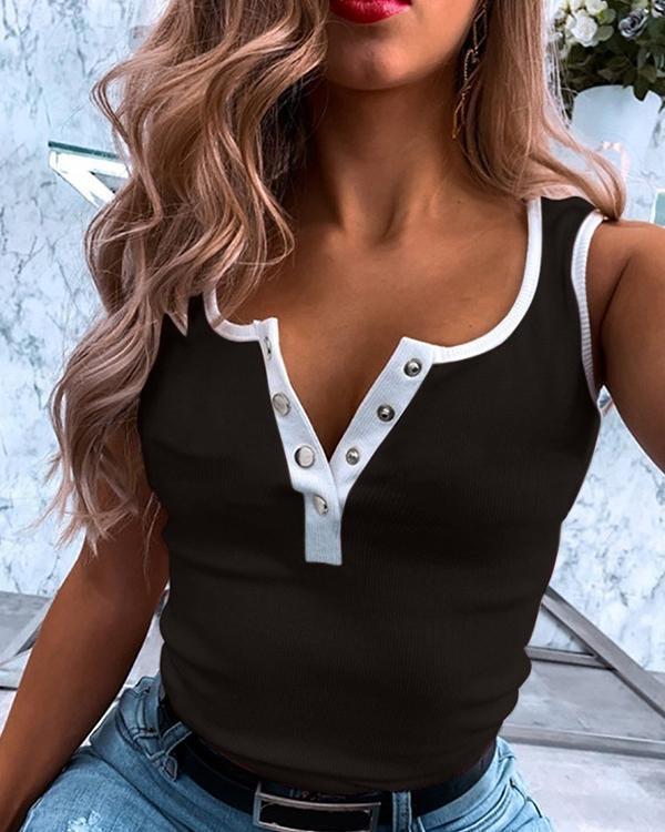 Print V-Neck Sleeveless Button Up Casual Tank Tops