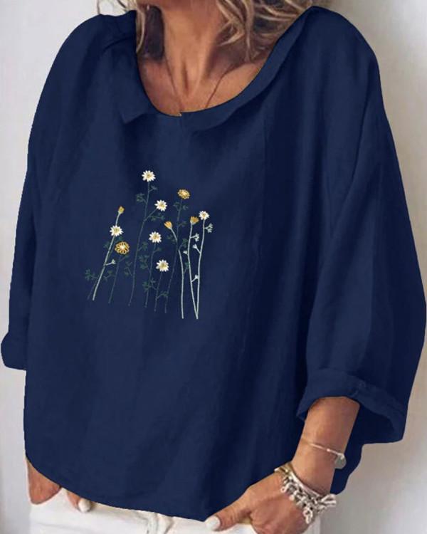 Fashion Lapel Flower Printed Long-sleeved Shirt