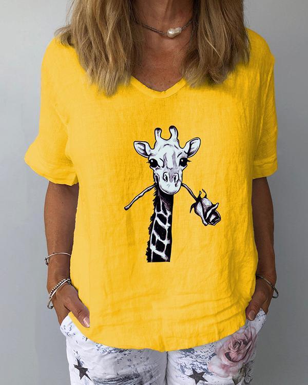 Animal Printed V-Neckline Half Sleeve Casual T-shirts