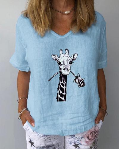 Animal Printed V-Neckline Half Sleeve Casual T-shirts