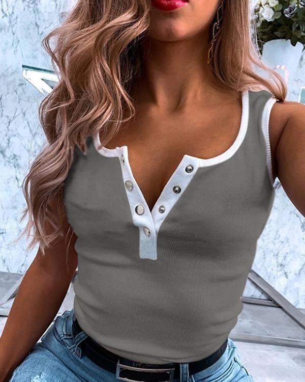 Print V-Neck Sleeveless Button Up Casual Tank Tops