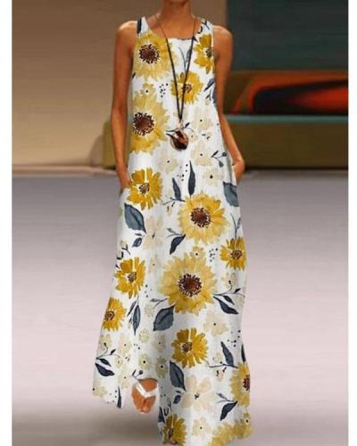 Flower Floral Holiday Crew Neck Sleeveless A-Line Swing Dresses