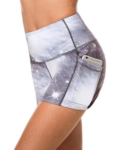 Starry Sky Print High Waist Pocket Yoga Shorts