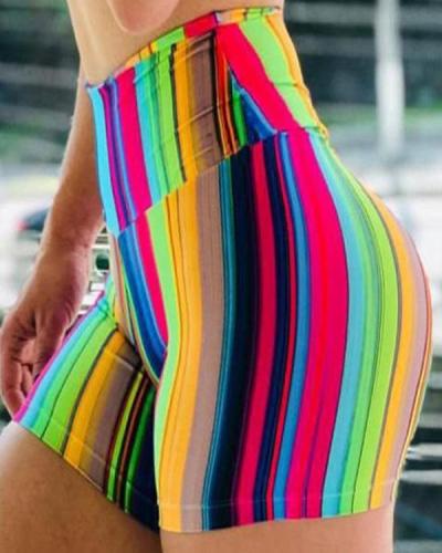 Rainbow Stripe Print High Waist Sporty Shorts