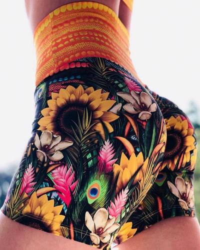 Flower Print High Waist Sporty Shorts