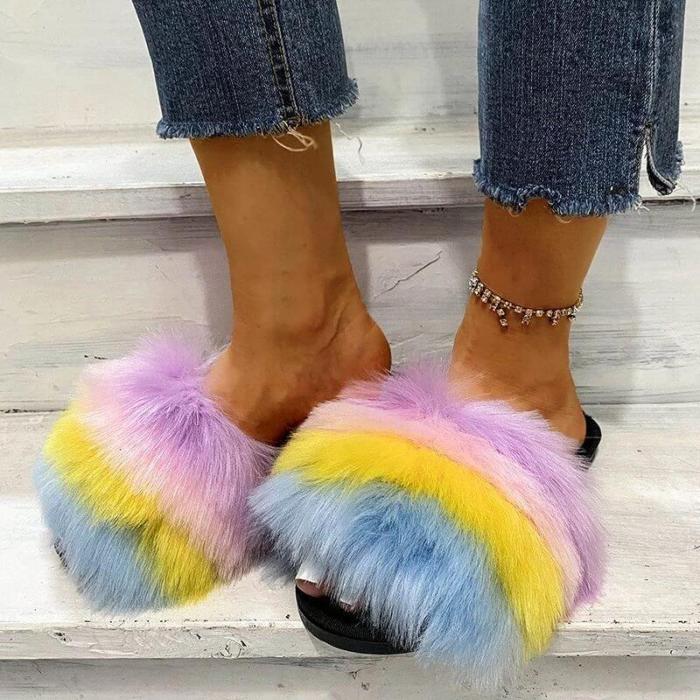 Women Casual Fluffy Fur Multicolor Rainbow Slip On Flat Heel Slippers