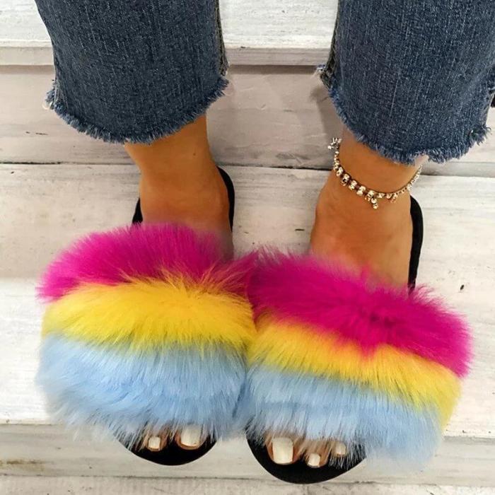 Women Casual Fluffy Fur Multicolor Rainbow Slip On Flat Heel Slippers