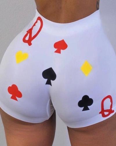 Poker Print High Waist Casual Shorts
