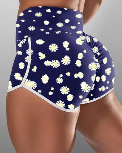 Daisy Print High-waist Hip-wrapped Running Shorts