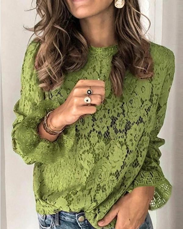 Women Long Sleeve Scoop Neck Lace Solid Color Top