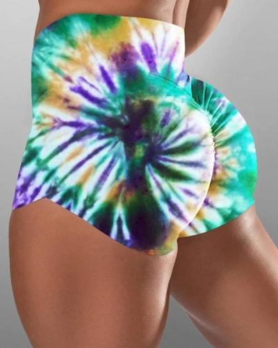 Tie Dye Print Stretchy Yoga Shorts