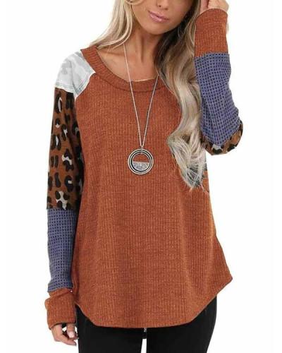 Leopard Patchwork Long Sleeve Scoop Neck Top Sweatshirt