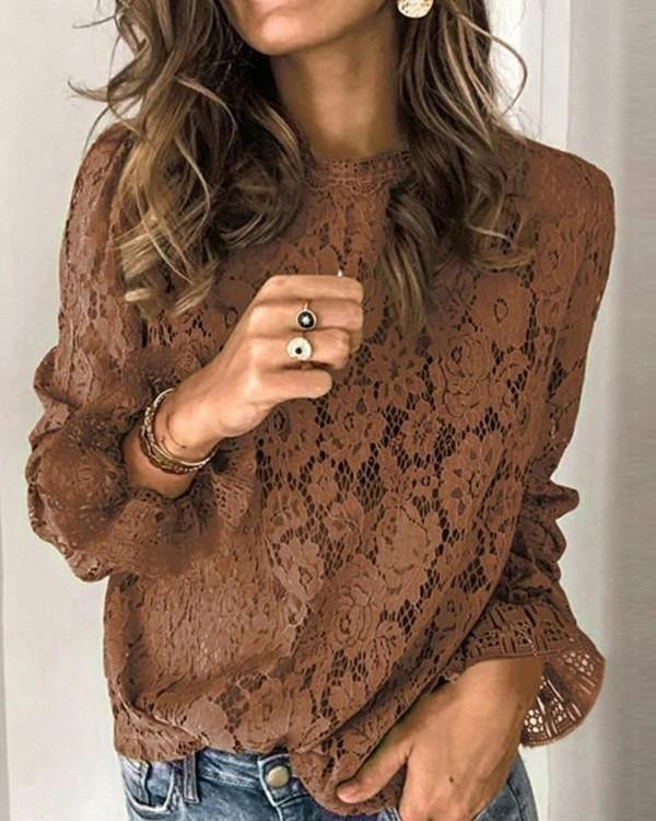 Women Long Sleeve Scoop Neck Lace Solid Color Top