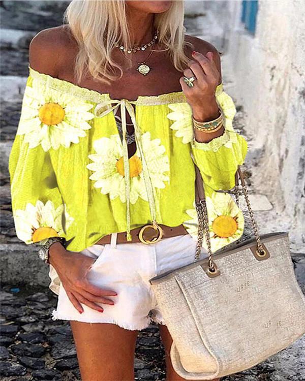 Print Floral Off the Shoulder Long Sleeves Casual Blouses