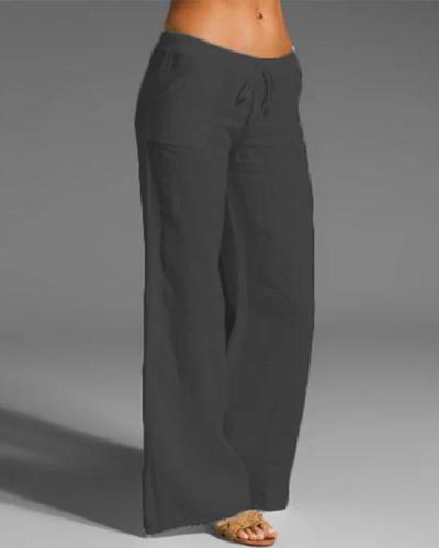 Pockets Paneled Lace-Up Cotton-Blend Casual Pants