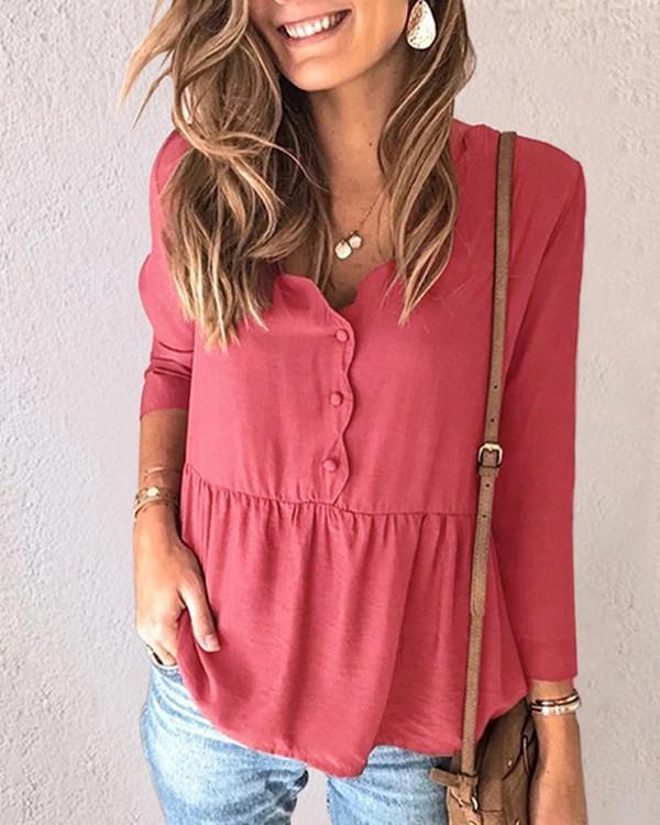 Casual V Neck Pullover Button Blouses