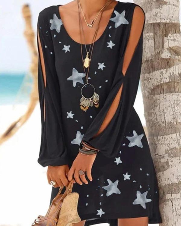 Black Cotton Printed Star Casual Cutout Patchwork Dresses