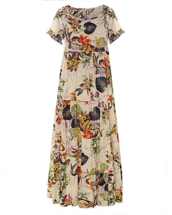 Vintage Floral Printed Short Sleeve Overhead Maxi Dress