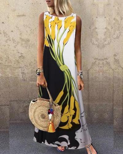 Sleeveless Color-block Floral Print Holiday Maxi Dress