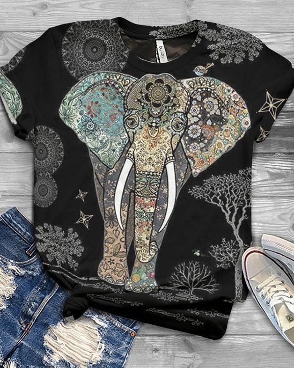 Elephant Printed Casual Crew Neck Cotton-Blend Shirts & Tops