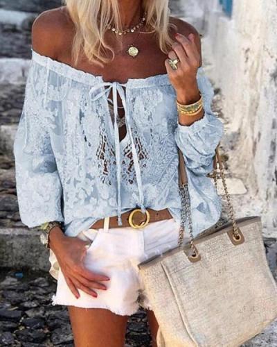 olid Lace Off the Shoulder Long Sleeves Casual Sexy Blouses