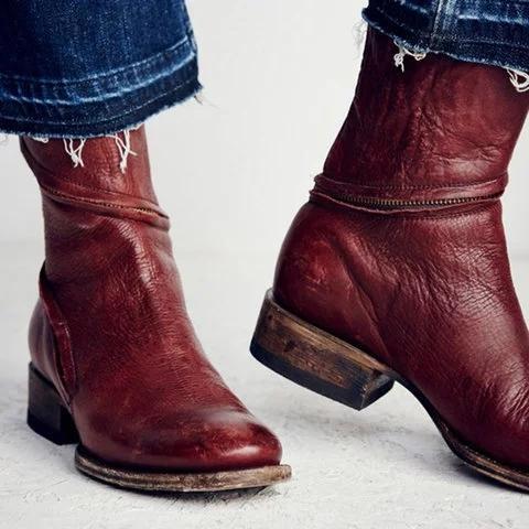 Women Distressed Ankle Boots Pointed Western Style Faux Leather Boots