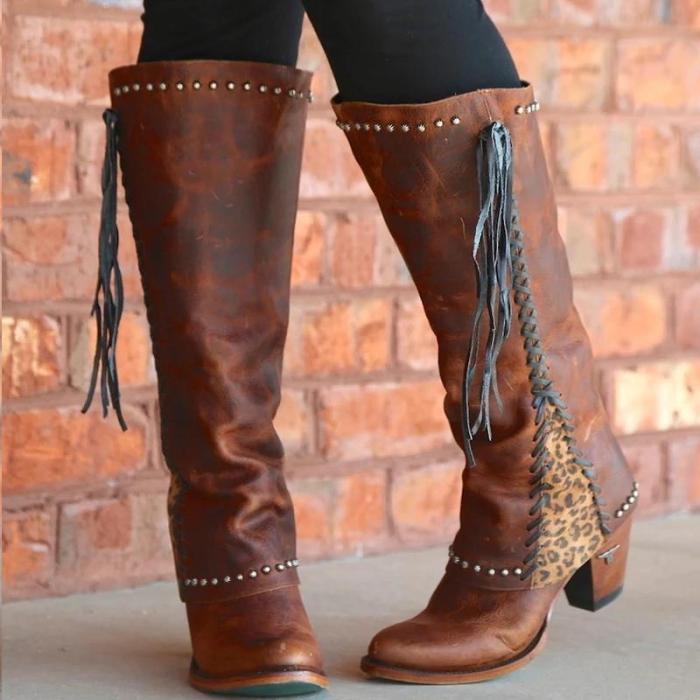 Knee High Print Trim Leather Lace Boots